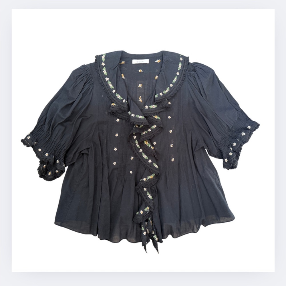 DÔEN Hettie Embroidered Ruffle Organic Cotton Top | Size L - Picture 2 of 8